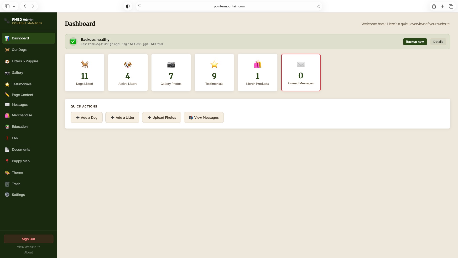 The admin panel the kennel owner uses to update content